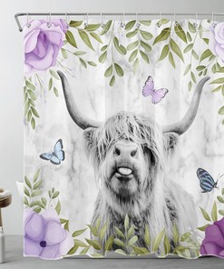 Highland Cow Marble Texture Shower Curtain in Purple Floral Design