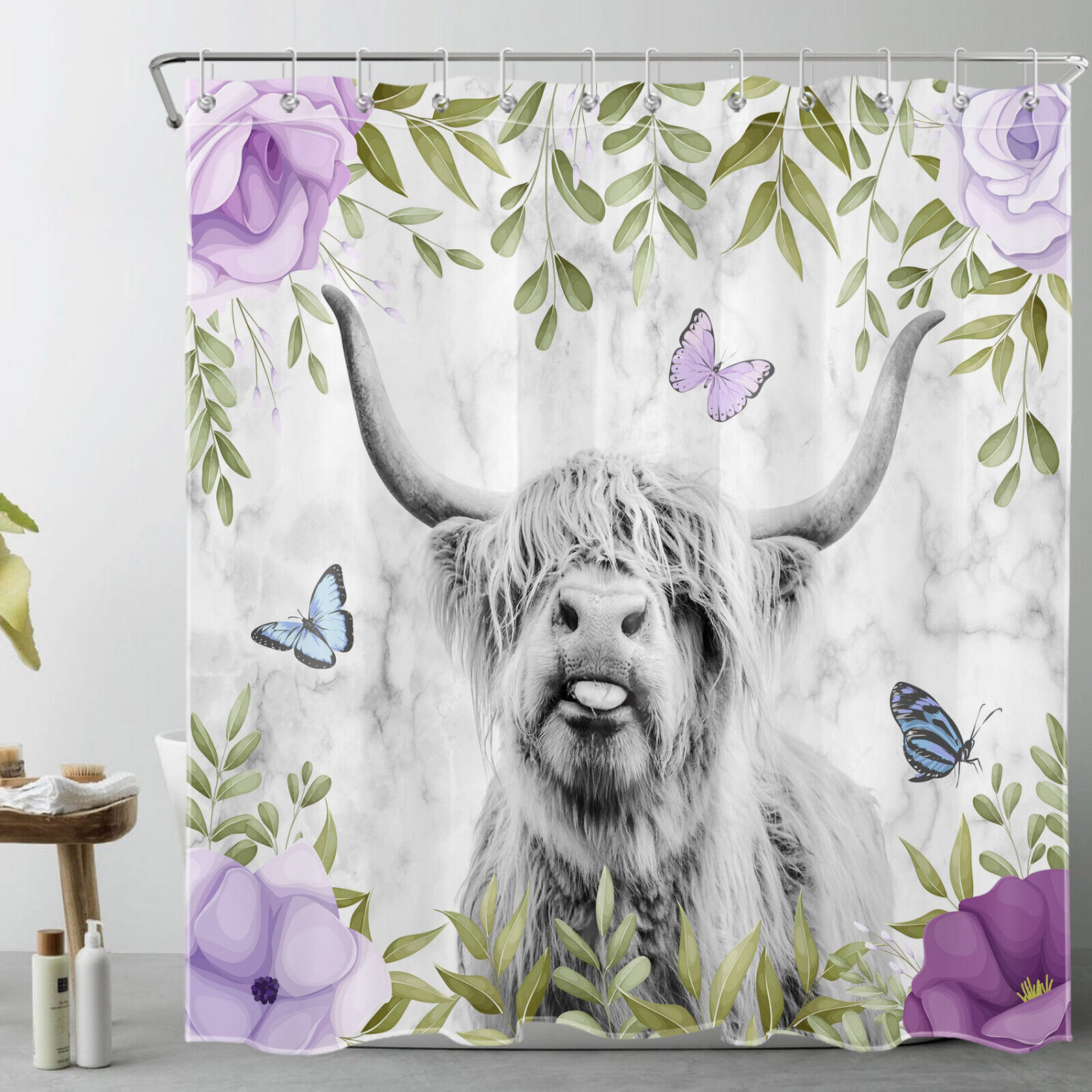 Highland Cow Marble Texture Shower Curtain in Purple Floral Design