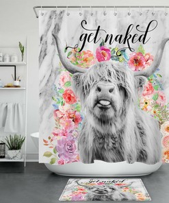 Highland Cow Marbling And Wildflowers Print Shower Curtain For A Unique Bathroom
