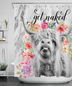 Highland Cow Marbling And Wildflowers Print Shower Curtain For A Unique Bathroom