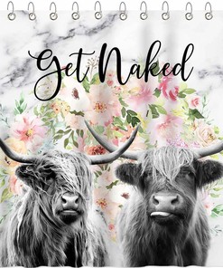 Highland Cow Print Shower Curtain with Funny Get Naked Quote for Farmhouse Bathroom Decor
