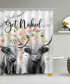 Highland Cow Print Shower Curtain with Funny Get Naked Quote for Farmhouse Bathroom Decor