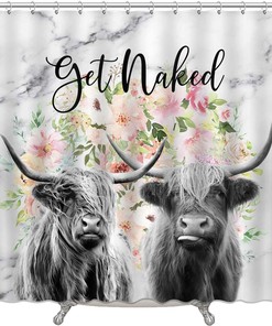Highland Cow Print Shower Curtain with Funny Get Naked Quote for Farmhouse Bathroom Decor