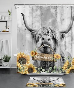 Highland Cow Rustic Board Shower Curtain with Flower Print