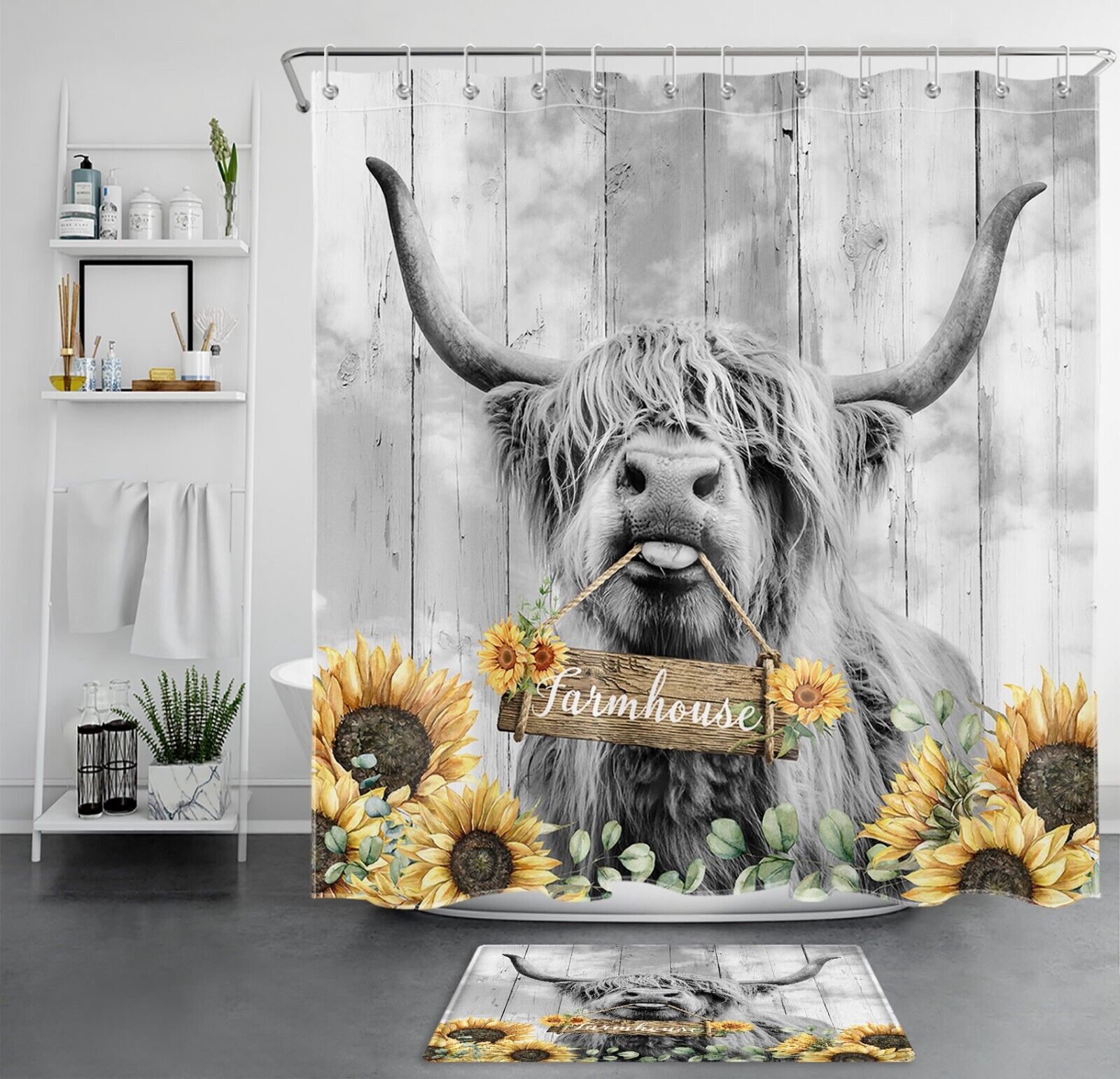 Highland Cow Rustic Board Shower Curtain with Flower Print