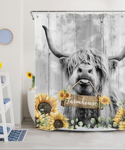 Highland Cow Rustic Board Shower Curtain with Flower Print