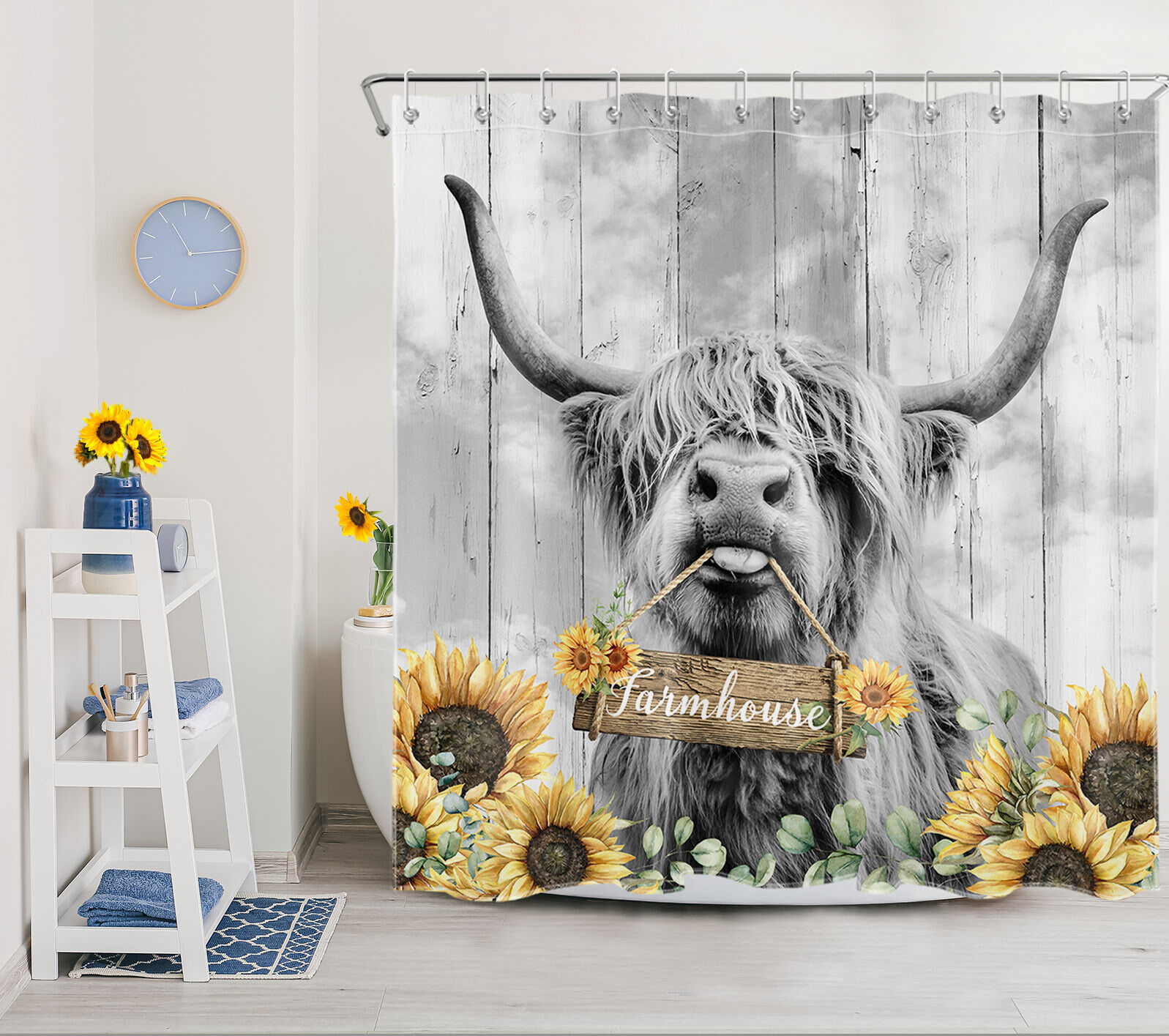 Highland Cow Rustic Board Shower Curtain with Flower Print