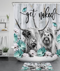 Highland Cow Rustic Retro Teal Floral Shower Curtain Set