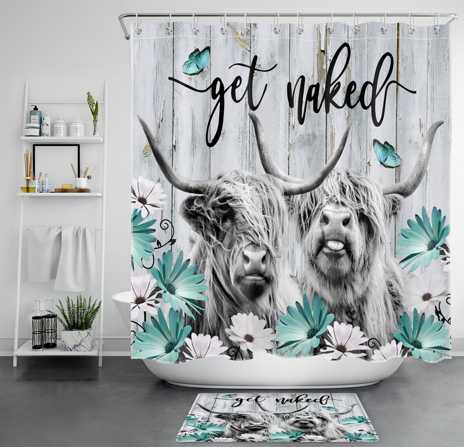 Highland Cow Rustic Retro Teal Floral Shower Curtain Set