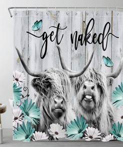 Highland Cow Rustic Retro Teal Floral Shower Curtain Set
