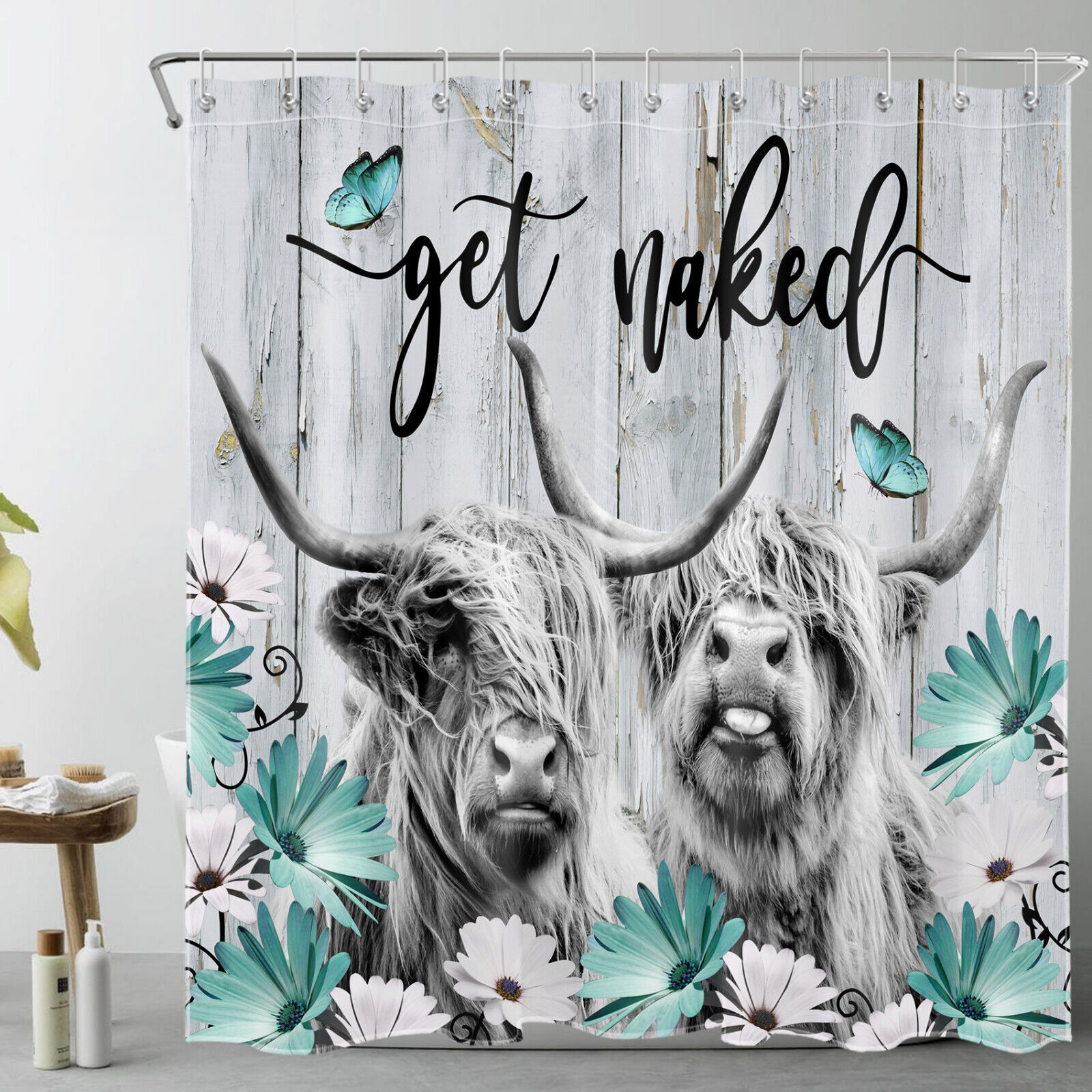 Highland Cow Rustic Retro Teal Floral Shower Curtain Set
