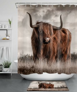 Highland Cow Shower Curtain For Autumn Meadow Landscape Wildlife Bathroom Decor