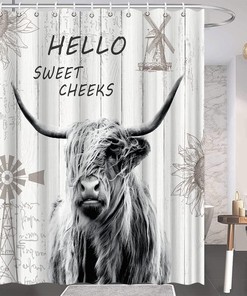 Highland Cow Shower Curtain For Farmhouse Bathroom Decor With Sweet Cheeks Quote