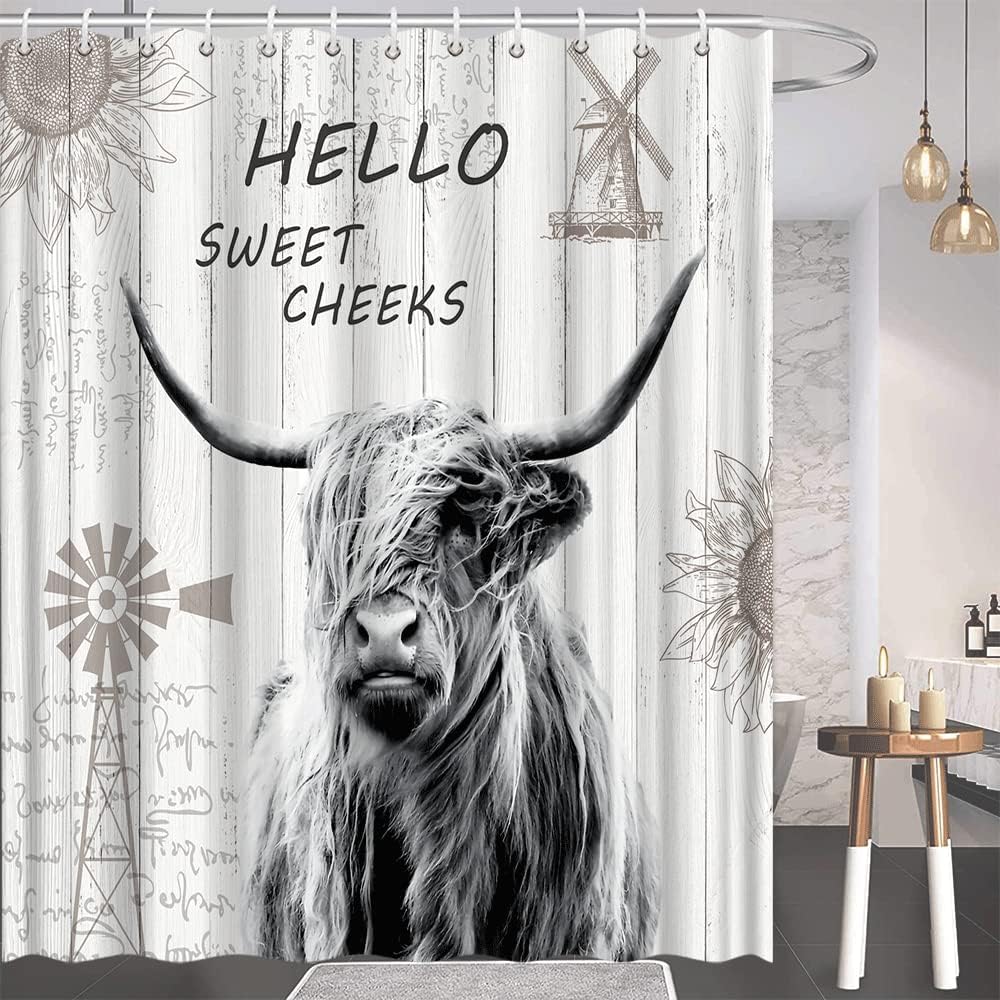 Highland Cow Shower Curtain For Farmhouse Bathroom Decor With Sweet Cheeks Quote