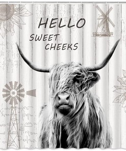 Highland Cow Shower Curtain For Farmhouse Bathroom Decor With Sweet Cheeks Quote
