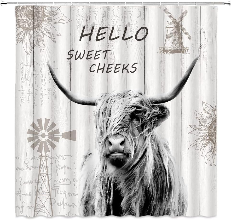 Highland Cow Shower Curtain For Farmhouse Bathroom Decor With Sweet Cheeks Quote