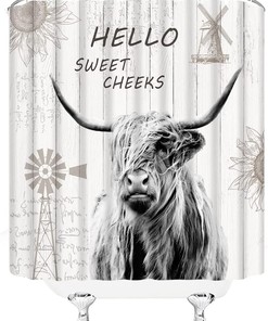 Highland Cow Shower Curtain For Farmhouse Bathroom Decor With Sweet Cheeks Quote