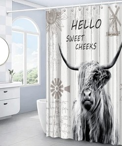 Highland Cow Shower Curtain For Farmhouse Bathroom Decor With Sweet Cheeks Quote
