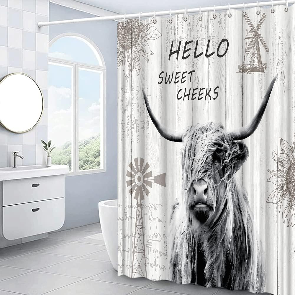Highland Cow Shower Curtain For Farmhouse Bathroom Decor With Sweet Cheeks Quote