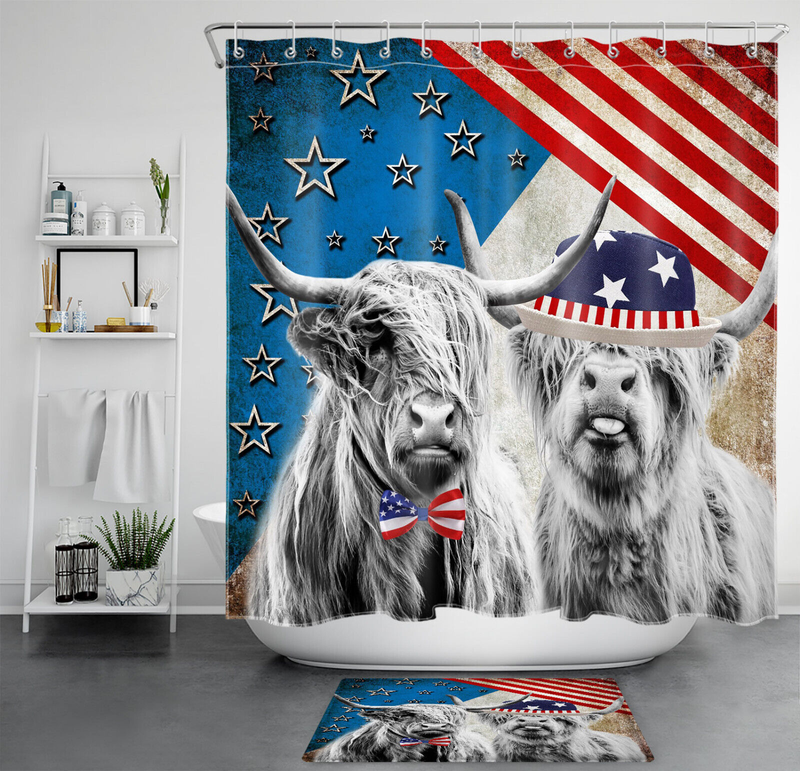 Highland Cow Shower Curtain For Patriotic Bathroom Decor