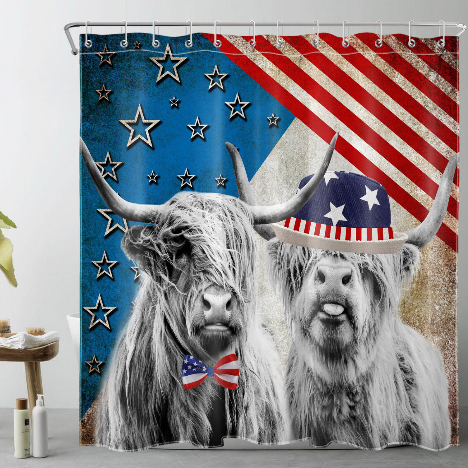 Highland Cow Shower Curtain For Patriotic Bathroom Decor