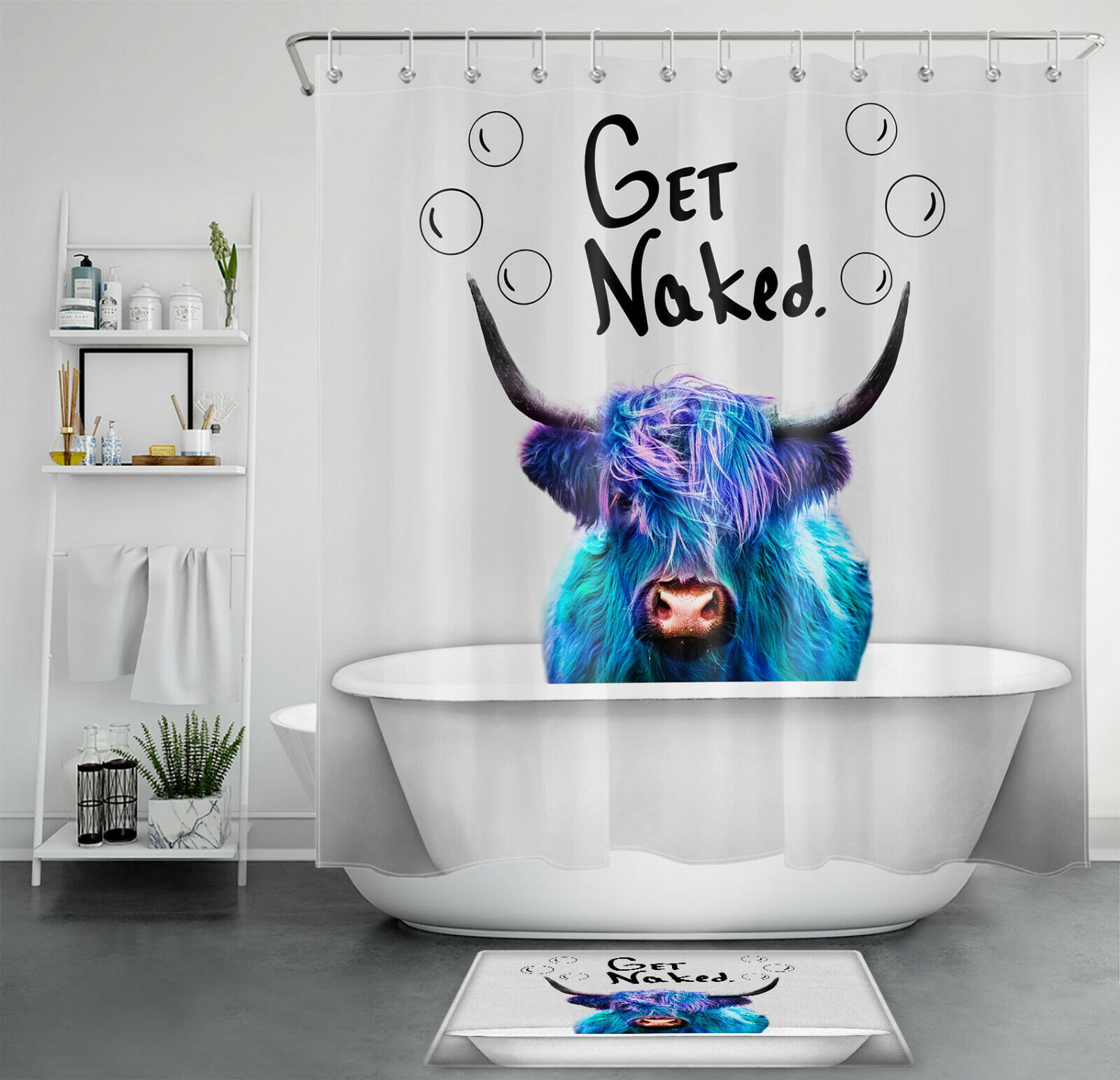 Highland Cow Shower Curtain - Funny Bathroom Decor With Red Hearts