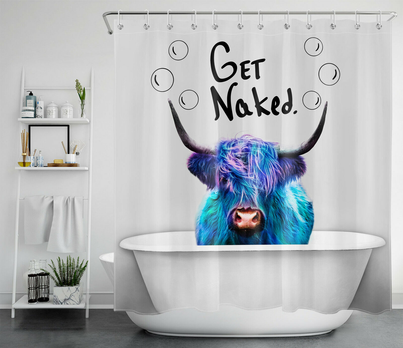 Highland Cow Shower Curtain - Funny Bathroom Decor With Red Hearts - Image 2