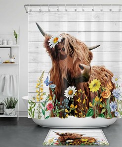 Highland Cow Shower Curtain - Rustic Board Bathroom Accessory
