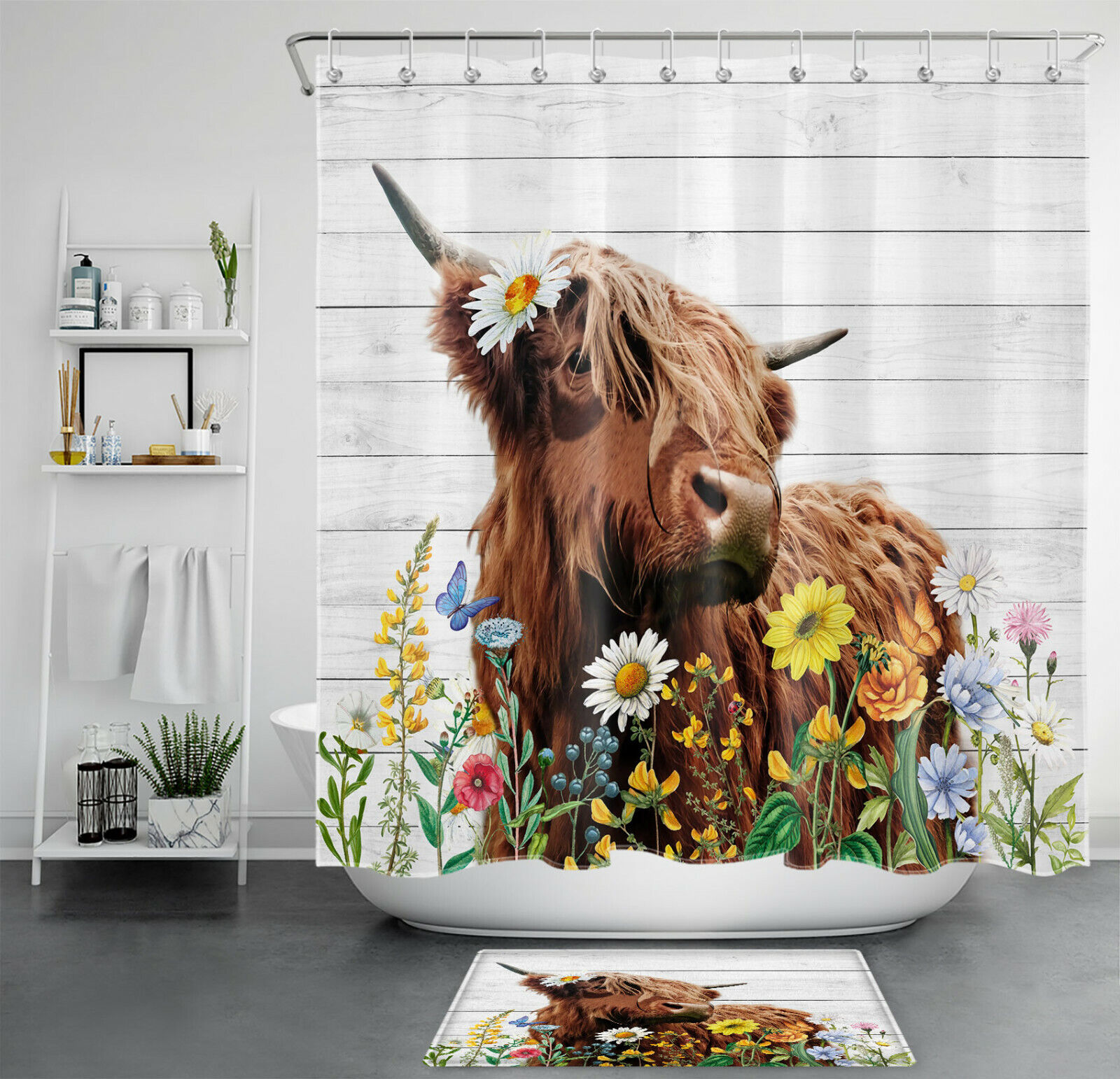 Highland Cow Shower Curtain - Rustic Board Bathroom Accessory