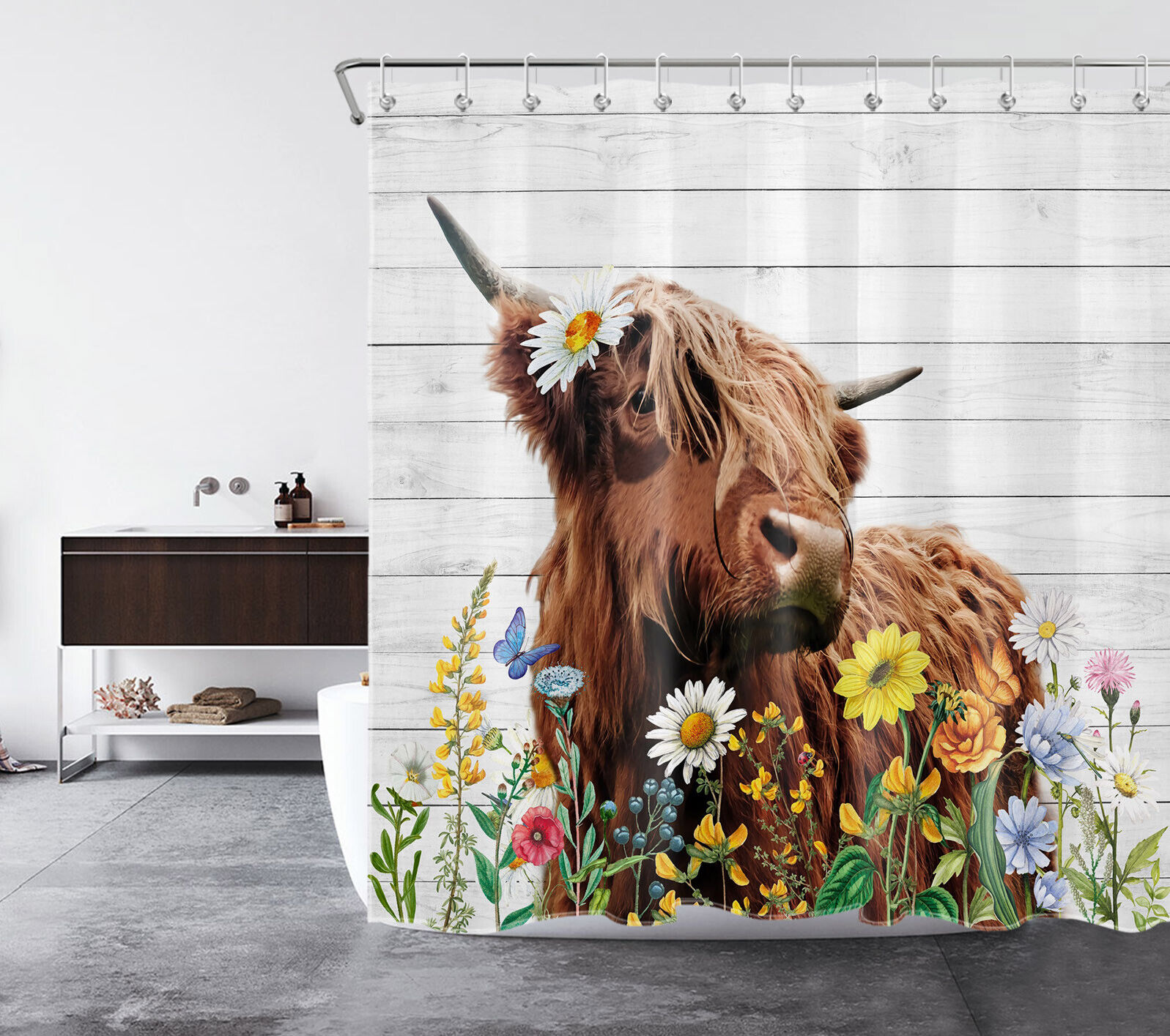 Highland Cow Shower Curtain - Rustic Board Bathroom Accessory - Image 2