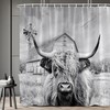 Highland Cow Shower Curtain With Rural Scenery And Wildlife Print