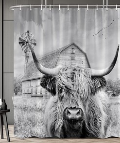 Highland Cow Shower Curtain With Rural Scenery And Wildlife Print