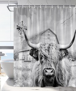 Highland Cow Shower Curtain With Rural Scenery And Wildlife Print