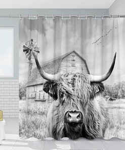 Highland Cow Shower Curtain With Rural Scenery And Wildlife Print