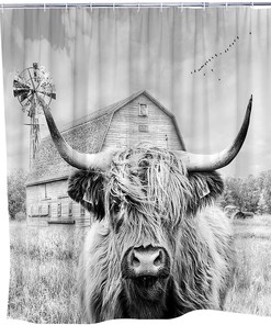 Highland Cow Shower Curtain With Rural Scenery And Wildlife Print
