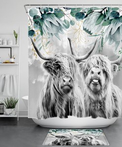 Highland Cow Shower Curtain with Green Leaf Grey Sky Print for Bathroom Decor
