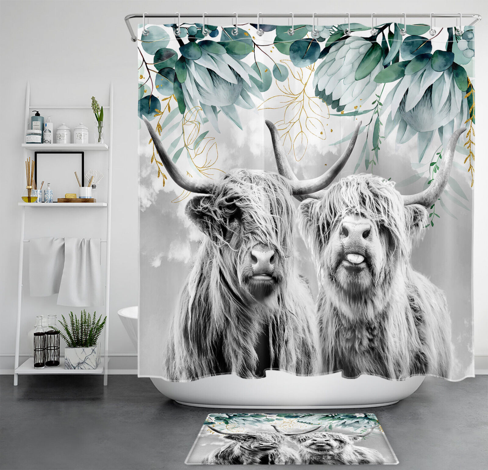 Highland Cow Shower Curtain with Green Leaf Grey Sky Print for Bathroom Decor