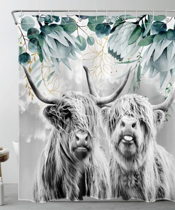 Highland Cow Shower Curtain with Green Leaf Grey Sky Print for Bathroom Decor