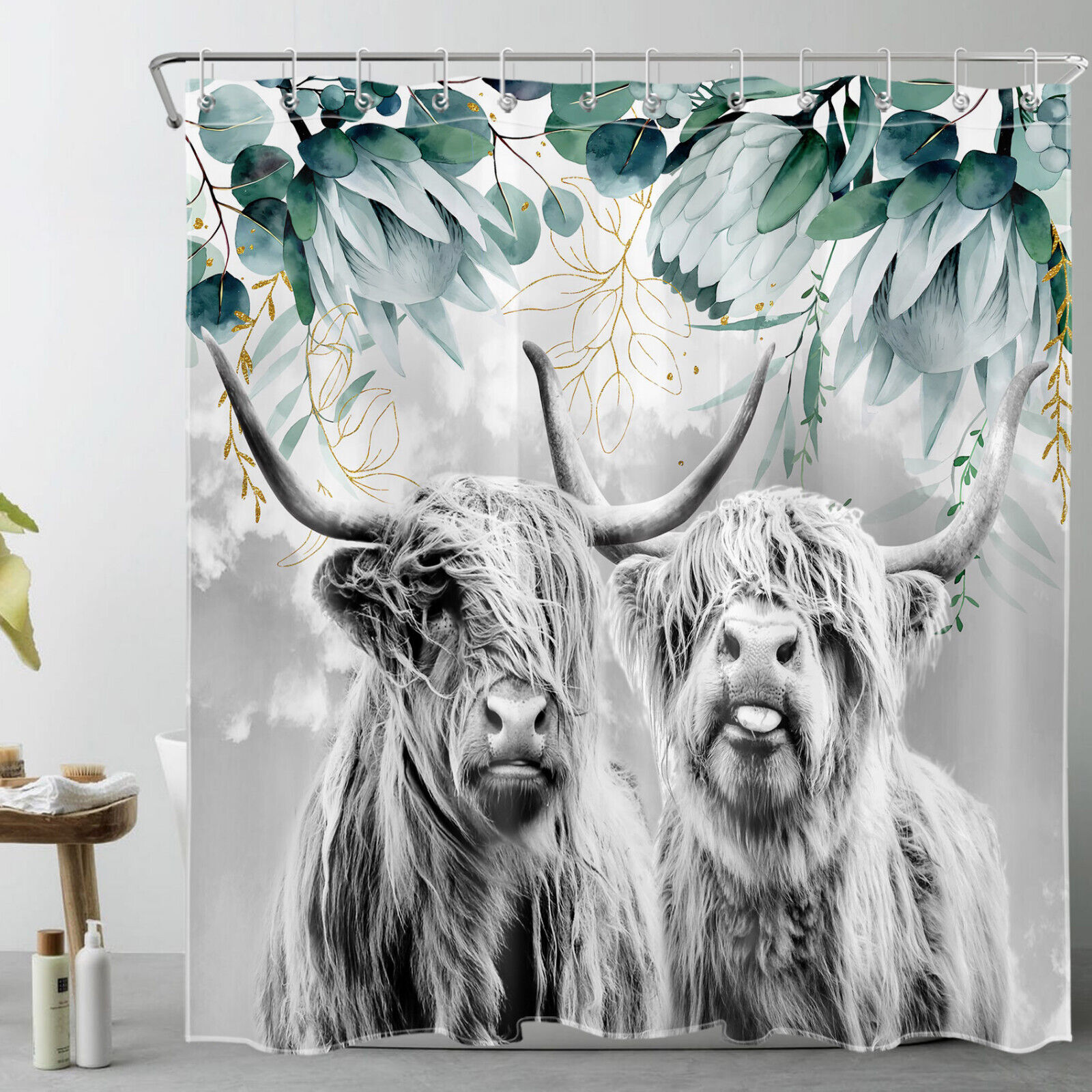 Highland Cow Shower Curtain with Green Leaf Grey Sky Print for Bathroom Decor