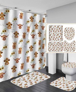 Highland Cow Sunflower Shower Curtain, Bullhorn Wildlife Animal Marble Texture Rustic Farmhouse Western Bathroom Décor
