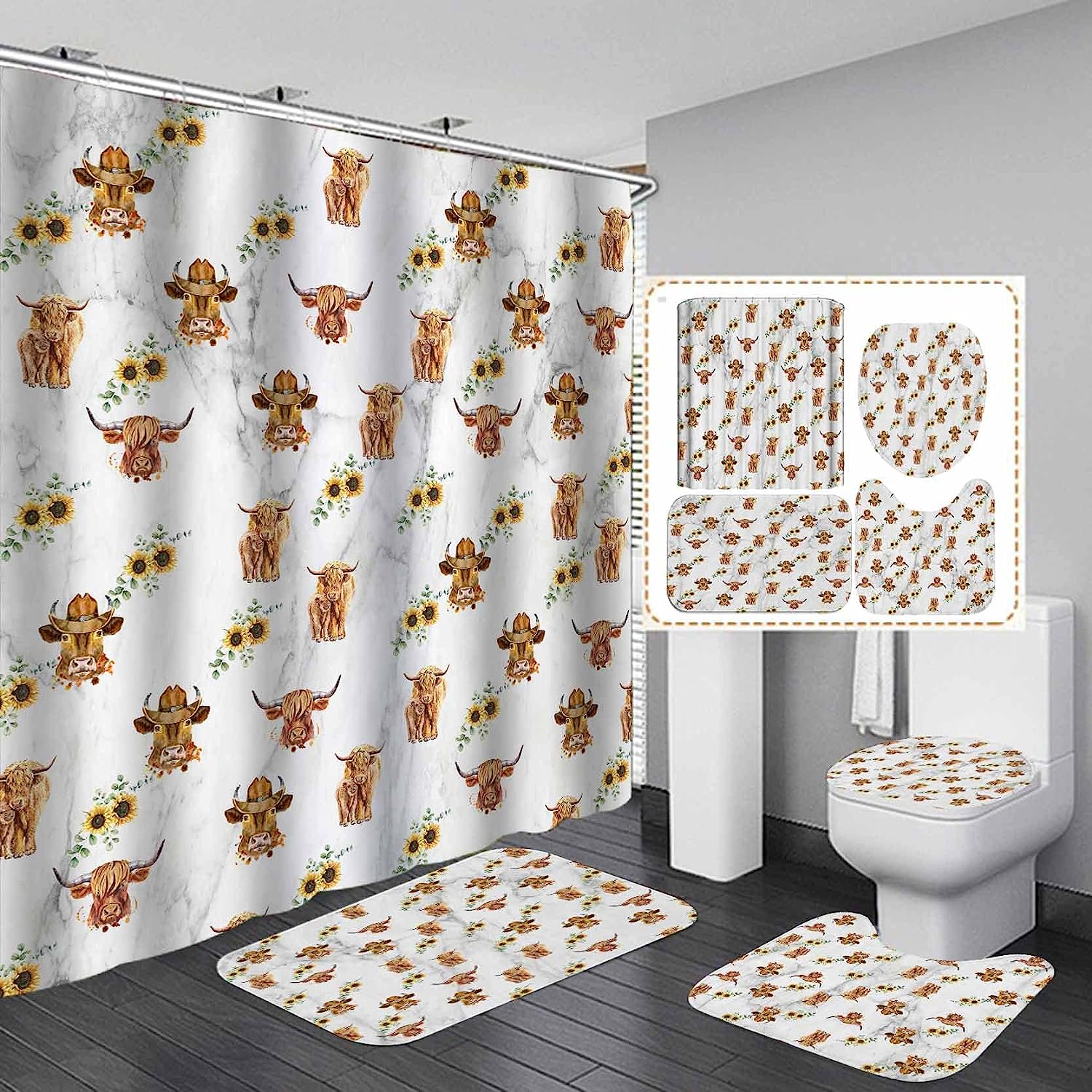 Highland Cow Sunflower Shower Curtain, Bullhorn Wildlife Animal Marble Texture Rustic Farmhouse Western Bathroom Décor