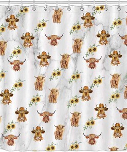 Highland Cow Sunflower Shower Curtain, Bullhorn Wildlife Animal Marble Texture Rustic Farmhouse Western Bathroom Décor