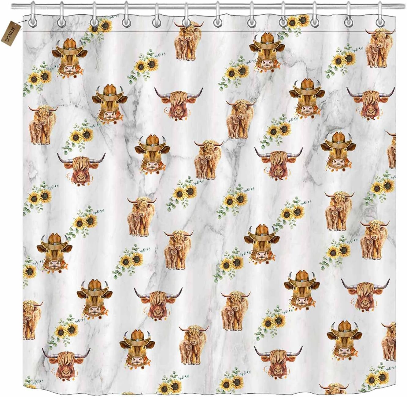 Highland Cow Sunflower Shower Curtain, Bullhorn Wildlife Animal Marble Texture Rustic Farmhouse Western Bathroom Décor