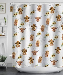 Highland Cow Sunflower Shower Curtain, Bullhorn Wildlife Animal Marble Texture Rustic Farmhouse Western Bathroom Décor