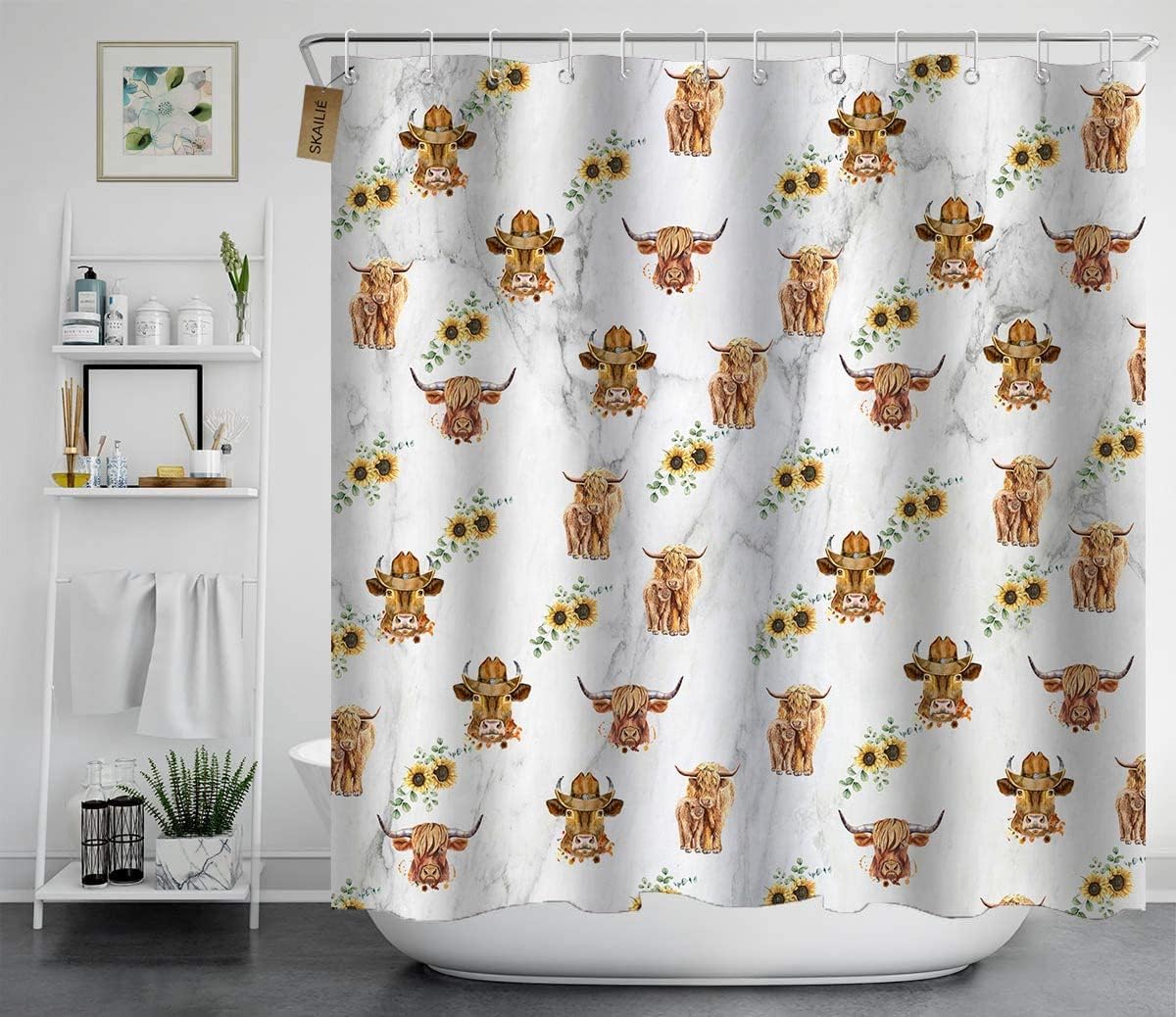 Highland Cow Sunflower Shower Curtain, Bullhorn Wildlife Animal Marble Texture Rustic Farmhouse Western Bathroom Décor