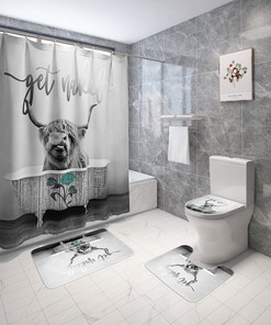 Highland Cow Waterproof Shower Curtain With Toilet Mat And Rug Set