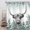 Highland Cow With Tropical Eucalyptus Printed Shower Curtain For Modern Bathroom Decor