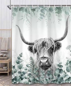 Highland Cow With Tropical Eucalyptus Printed Shower Curtain For Modern Bathroom Decor