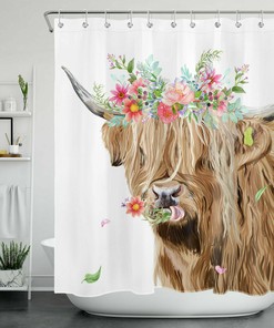 Highland Cow among Spring Flowers Shower Curtain for Bathroom 