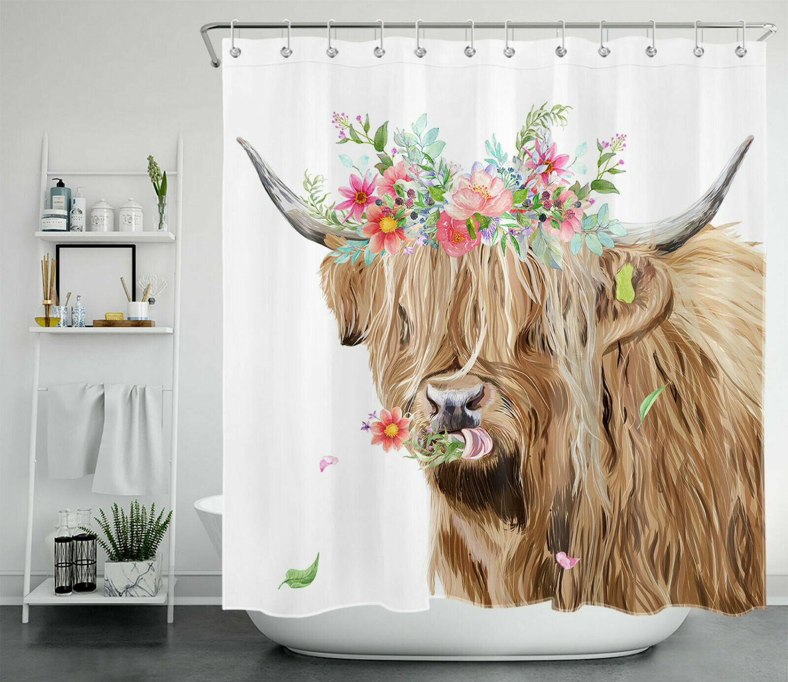 Highland Cow among Spring Flowers Shower Curtain for Bathroom